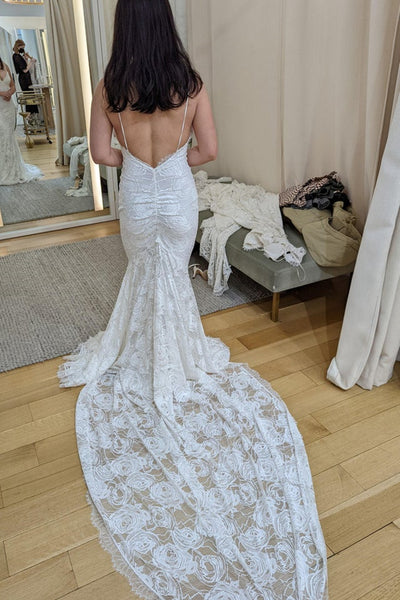 V Neck Mermaid Backless White Lace Long Prom Dresses with Train, Mermaid White Formal Dresses, White Lace Evening Dresses EP1758