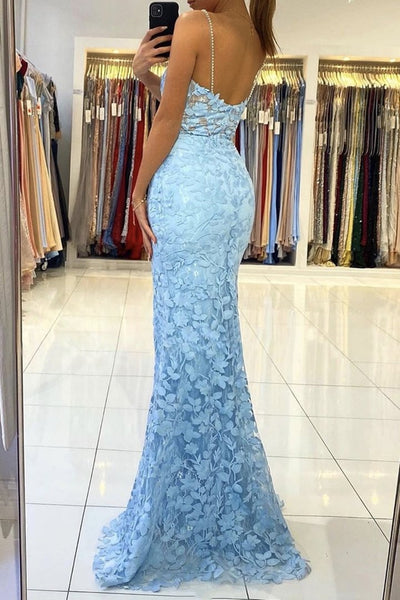 V Neck Mermaid Light Blue Lace Long Prom Dresses, Backless Light Blue Formal Dresses, Light Blue Lace Evening Dresses EP1730