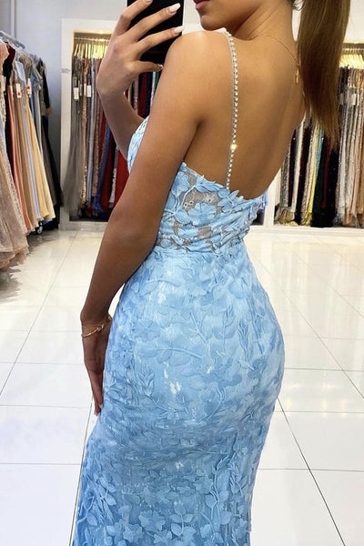 V Neck Mermaid Light Blue Lace Long Prom Dresses, Backless Light Blue Formal Dresses, Light Blue Lace Evening Dresses EP1730