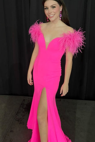 V Neck Mermaid Off Shoulder Hot Pink Long Prom Dresses with High Slit, Mermaid Hot Pink Formal Graduation Evening Dresses EP1775