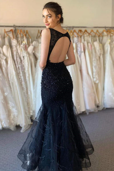 V Neck Mermaid Open Back Beaded Black Tulle Long Prom Dresses, Mermaid Black Lace Formal Dresses, Beaded Black Evening Dresses EP1870