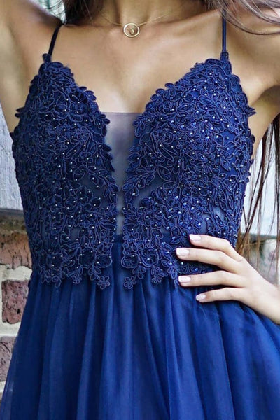 V Neck Navy Blue Lace Long Prom Dresses, Backless Navy Blue Formal Dresses, Navy Blue Lace Evening Dresses EP1667