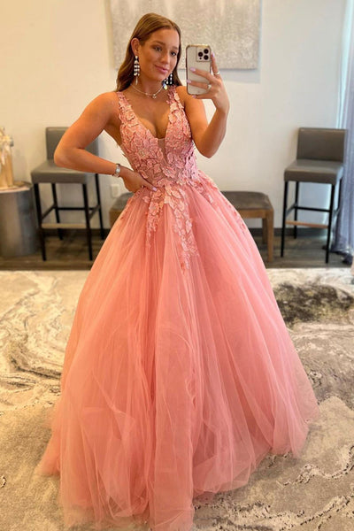 V Neck Open Back Beaded Pink Lace Long Prom Dresses, Pink Tulle Formal Dresses with Lace Appliques, Pink Lace Evening Dresses EP1834