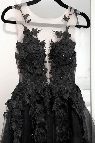 V Neck Open Back Black Tulle Lace Floral Long Prom Dresses, Black Lace Formal Evening Dresses with Appliques EP1688