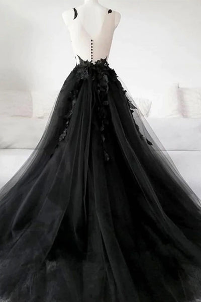 V Neck Open Back Black Tulle Lace Floral Long Prom Dresses, Black Lace Formal Evening Dresses with Appliques EP1688