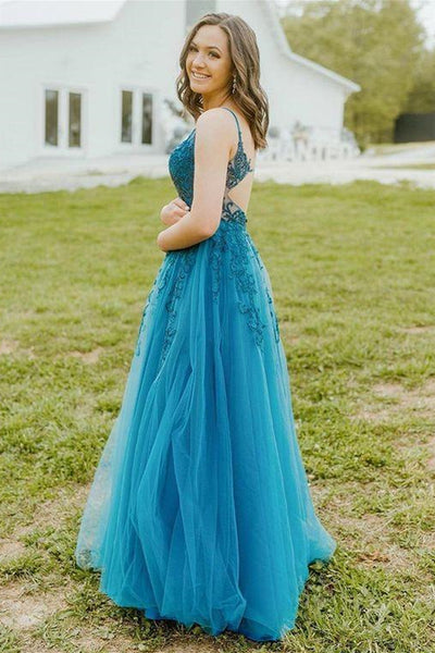 V Neck Open Back Blue Lace Long Prom Dresses, Blue Lace Formal Dresses, Blue Evening Dresses EP1499
