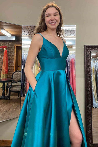 V Neck Open Back Blue Satin Long Prom Dresses with High Slit, Blue Formal Graduation Evening Dresses with Pocket EP1848