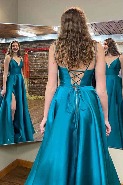V Neck Open Back Blue Satin Long Prom Dresses with High Slit, Blue Formal Graduation Evening Dresses with Pocket EP1848