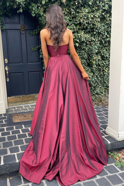 V Neck Open Back Burgundy Long Prom Dresses with Leg Slit, High Slit Burgundy Formal Evening Dresses