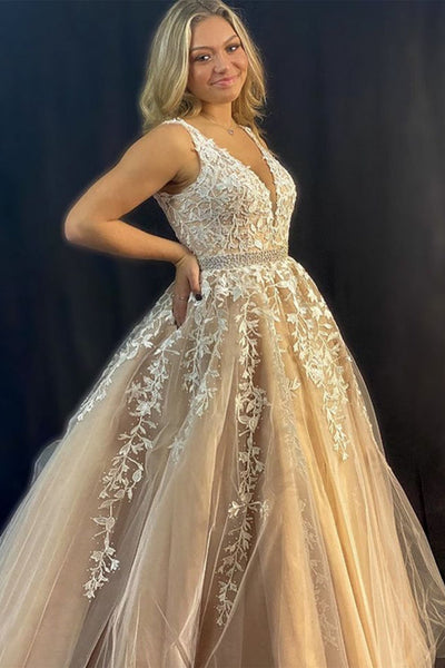 V Neck Open Back Champagne Tulle Lace Long Prom Dresses with Belt, Champagne Lace Formal Graduation Evening Dresses EP1714