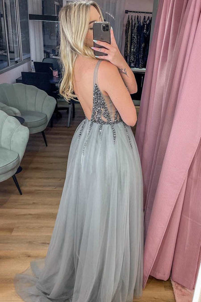 V Neck Open Back Gray/Burgundy Tulle Beaded Long Prom Dresses with High Slit, Grey/Burgundy Tulle Beaded Formal Evening Dresses EP1816