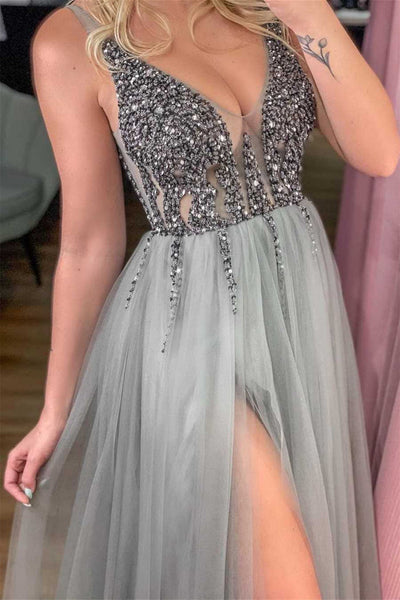 V Neck Open Back Gray/Burgundy Tulle Beaded Long Prom Dresses with High Slit, Grey/Burgundy Tulle Beaded Formal Evening Dresses EP1816