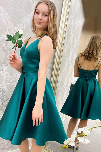 V Neck Open Back Green Satin Short Prom Homecoming Dresses, V Neck Green Formal Graduation Evening Dresses EP1894