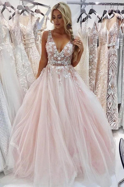 V Neck Open Back Pink Floral Long Prom Dresses, V Neck Pink Formal Dresses, Pink Floral Evening Dresses EP1645