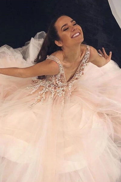 V Neck Open Back Pink Floral Long Prom Dresses, V Neck Pink Formal Dresses, Pink Floral Evening Dresses EP1645