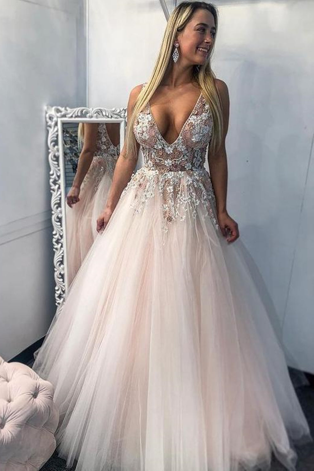 V Neck Open Back Pink Floral Long Prom Dresses, V Neck Pink Formal Dresses, Pink Floral Evening Dresses EP1645