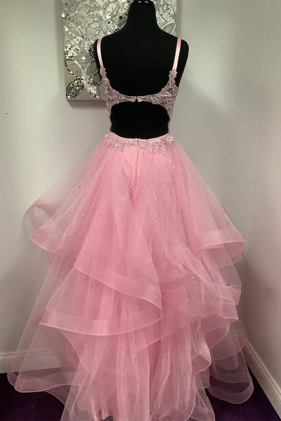 V Neck Open Back Pink Lace Puffy Tulle Long Prom Dresses, Pink Lace Formal Dresses, Pink Evening Dresses EP1806
