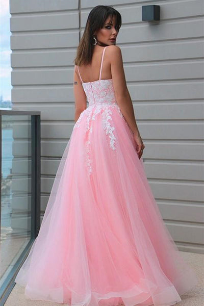 V Neck Open Back Pink Prom Dresses with Lace Appliques, V Neck Pink Formal Evening Dresses EP1446