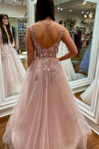 V Neck Open Back Beaded Pink Tulle Long Prom Dresses with Lace Flowers, Pink Lace Formal Dresses, Pink Floral Evening Dresses EP1880
