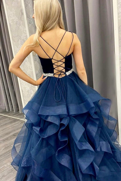 V Neck Open Back Puffy Blue Tulle Long Prom Dresses with Belt, V Neck Fluffy Blue Formal Evening Dresses EP1754