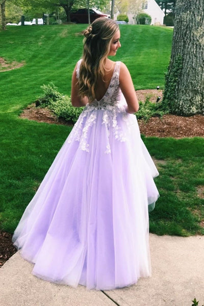 V Neck Open Back Purple Lace Appliques Long Prom Dresses, V Neck Lace Formal Dresses, Purple Lace Evening Dresses EP1657