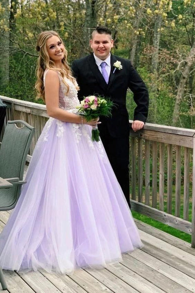 V Neck Open Back Purple Lace Appliques Long Prom Dresses, V Neck Lace Formal Dresses, Purple Lace Evening Dresses EP1657