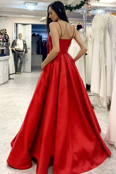 V Neck Open Back Red Satin Long Prom Dresses, V Neck Red Formal Graduation Evening Dresses EP1747