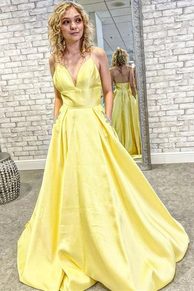 V Neck Open Back Yellow Satin Long Prom Dresses with Pocket, V Neck Yellow Formal Graduation Evening Dresses EP1824