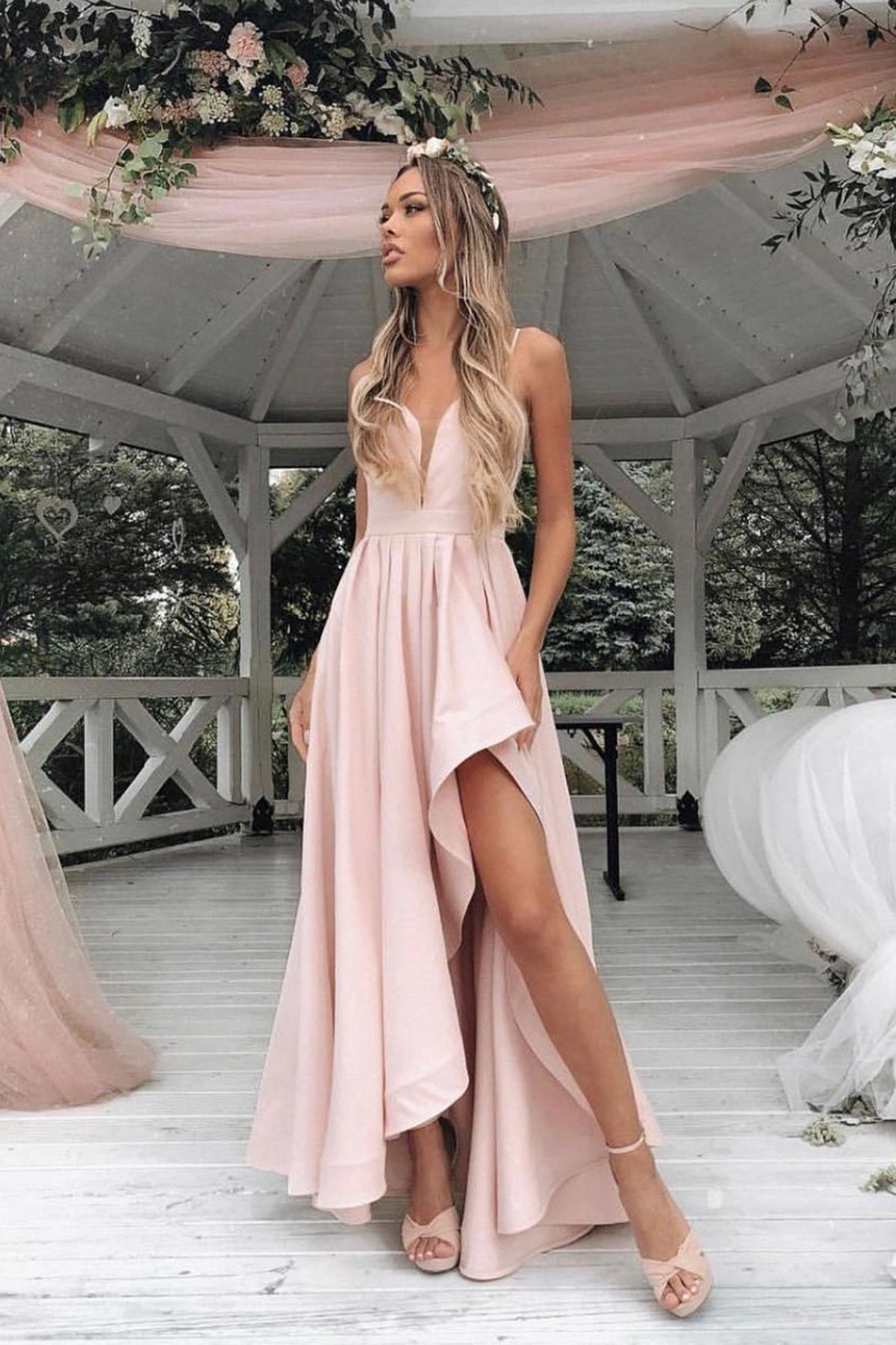 V Neck Pink High Low Satin Prom Dresses, Pink High Low Formal Evening Dresses