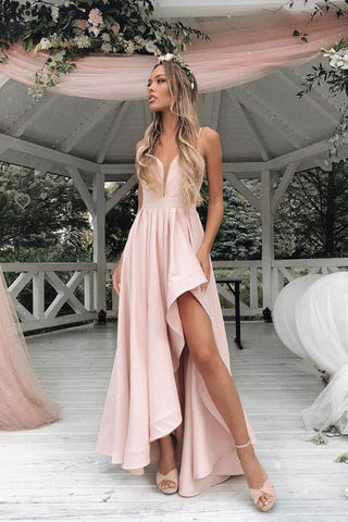 V Neck Pink High Low Satin Prom Dresses, Pink High Low Formal Evening Dresses