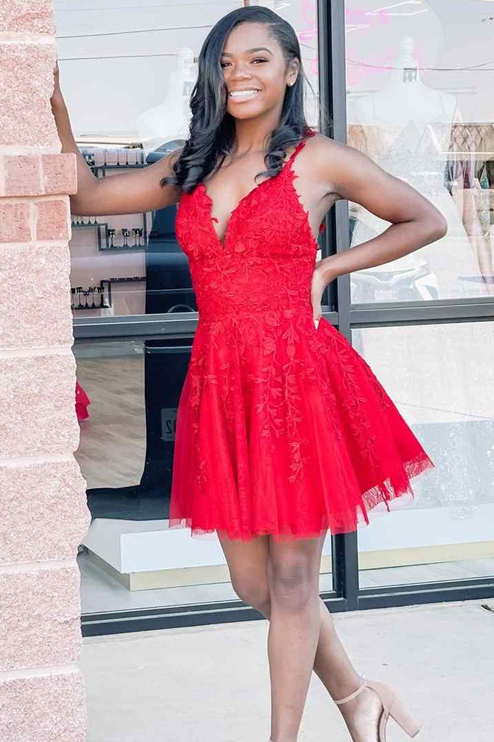 V Neck Red Lace Short Prom Dresses, Red Lace Homecoming Dresses, Red Formal Graduation Evening Dresses EP1542