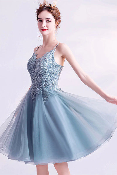 V Neck Short Gray Blue Lace Prom Dresses, Short Gray Blue Lace Formal Homecoming Dresses