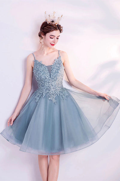 V Neck Short Gray Blue Lace Prom Dresses, Short Gray Blue Lace Formal Homecoming Dresses
