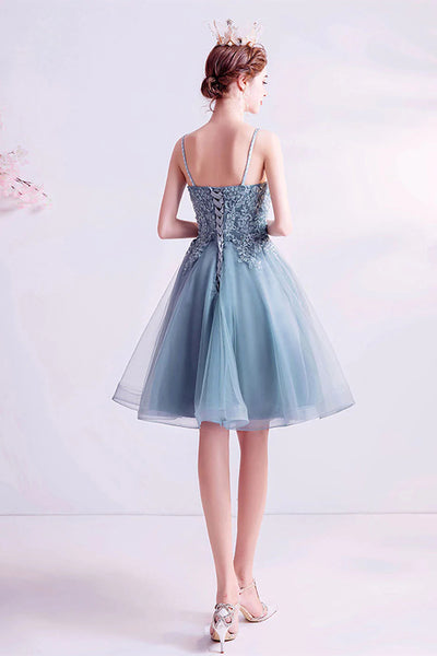 V Neck Short Gray Blue Lace Prom Dresses, Short Gray Blue Lace Formal Homecoming Dresses