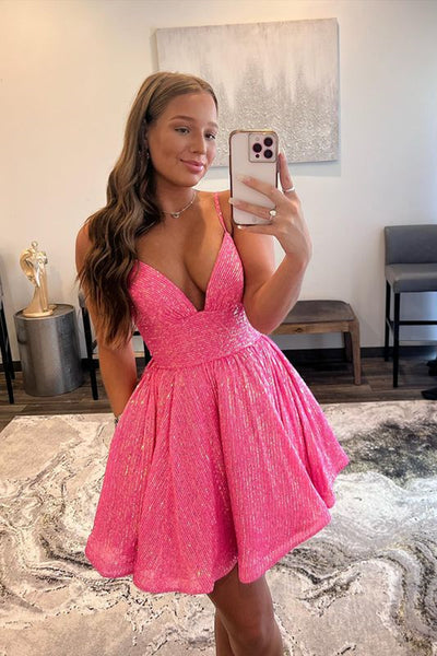 V Neck Short Pink Prom Dresses, Shiny Short Pink V Neck Graduation Homecoming Dresses
