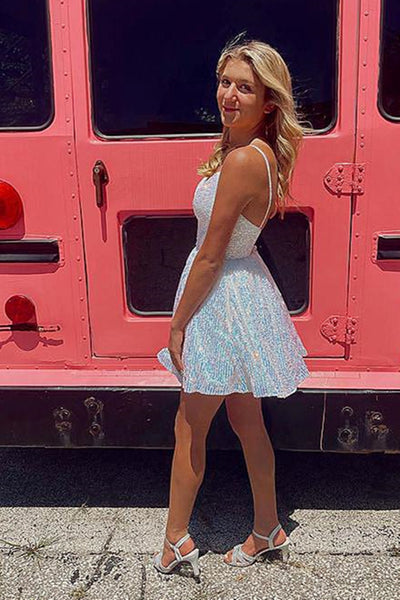 V Neck Short White Backless Prom Dresses, Open Back Short White Formal Homecoming Dresses