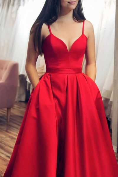 V Neck Spaghetti Straps Red Satin Long Prom Dresses with High Slit, Red Formal Graduation Evening Dresses with Pocket EP1866