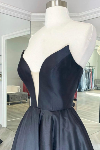 V Neck Strapless Black Satin Long Prom Dresses, Strapless Black Formal Dresses, Long Black Evening Dresses EP1835
