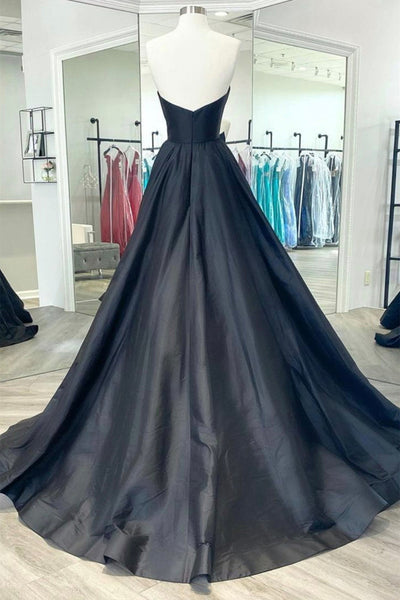 V Neck Strapless Black Satin Long Prom Dresses, Strapless Black Formal Dresses, Long Black Evening Dresses EP1835