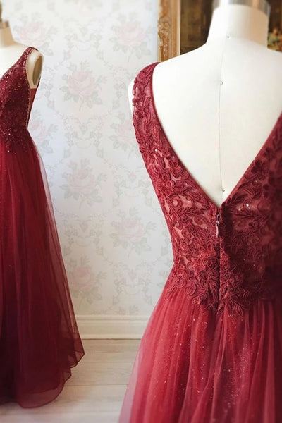 V Neck and V Back Burgundy Lace Long Prom Dresses, Open Back Burgundy Formal Dresses, Burgundy Lace Evening Dresses EP1538