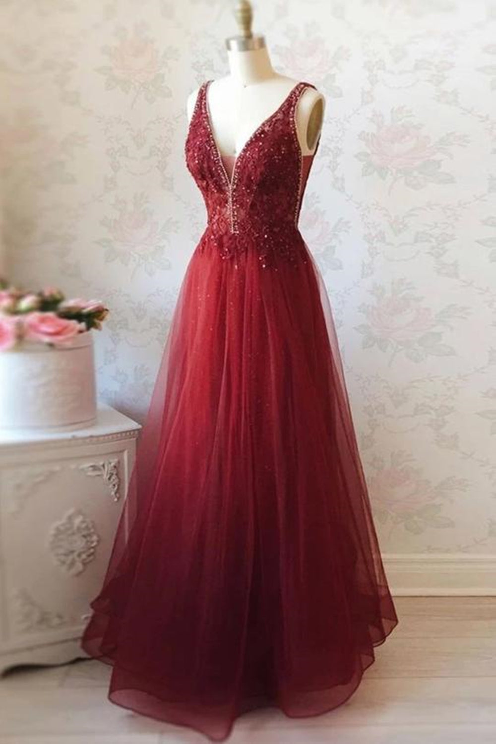 V Neck and V Back Burgundy Lace Long Prom Dresses, Open Back Burgundy Formal Dresses, Burgundy Lace Evening Dresses EP1538