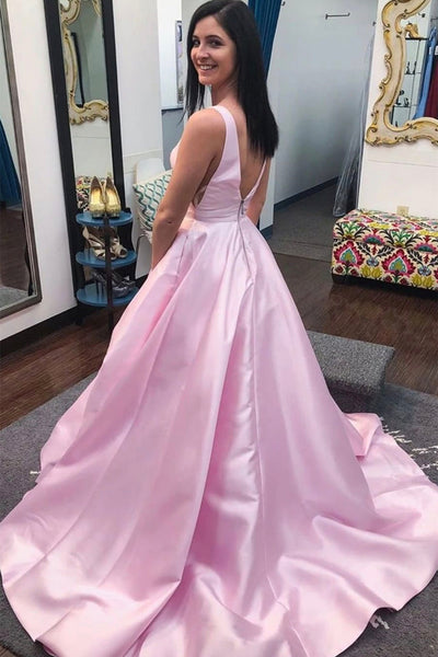 V Neck and V Back Pink Satin Long Prom Dresses, V Neck Pink Formal Graduation Evening Dresses EP1902