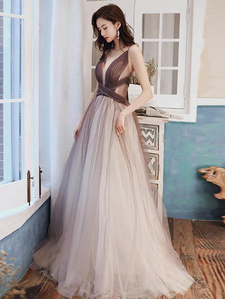 V Neck Brown Ombre Long Prom Dresses, Brown Ombre Floor Length Formal Evening Dresses