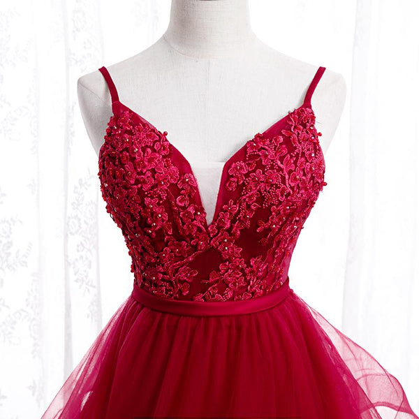 V Neck Burgundy Lace Prom Dresses, Wine Red Lace Formal Evening Graduation Dresses