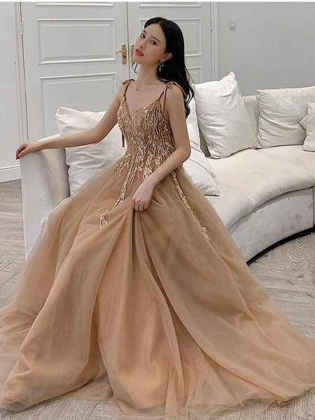 V Neck Champagne Lace Prom Dresses, Champagne Lace Long Formal Evening Dresses