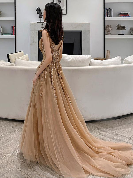 V Neck Champagne Lace Prom Dresses, Champagne Lace Long Formal Evening Dresses