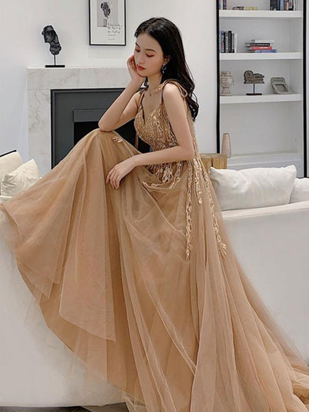 V Neck Champagne Lace Prom Dresses, Champagne Lace Long Formal Evening Dresses