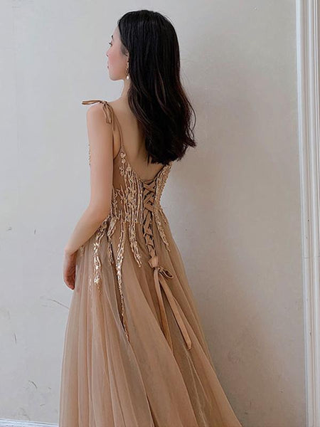 V Neck Champagne Lace Prom Dresses, Champagne Lace Long Formal Evening Dresses
