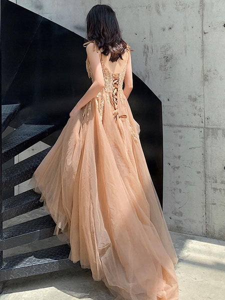 V Neck Champagne Lace Prom Dresses, Champagne Lace Long Formal Evening Dresses