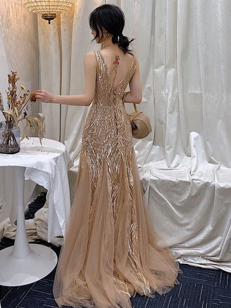V Neck Champagne Lace Prom Dresses, V Neck Mermaid Lace Formal Evening Dresses